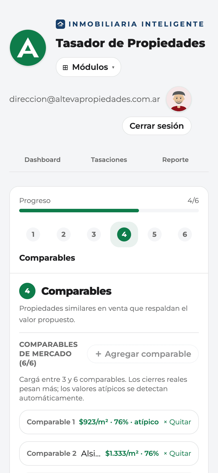 Paso de comparables del Tasador: seis propiedades similares con su precio por metro cuadrado y un resumen automático de confianza.