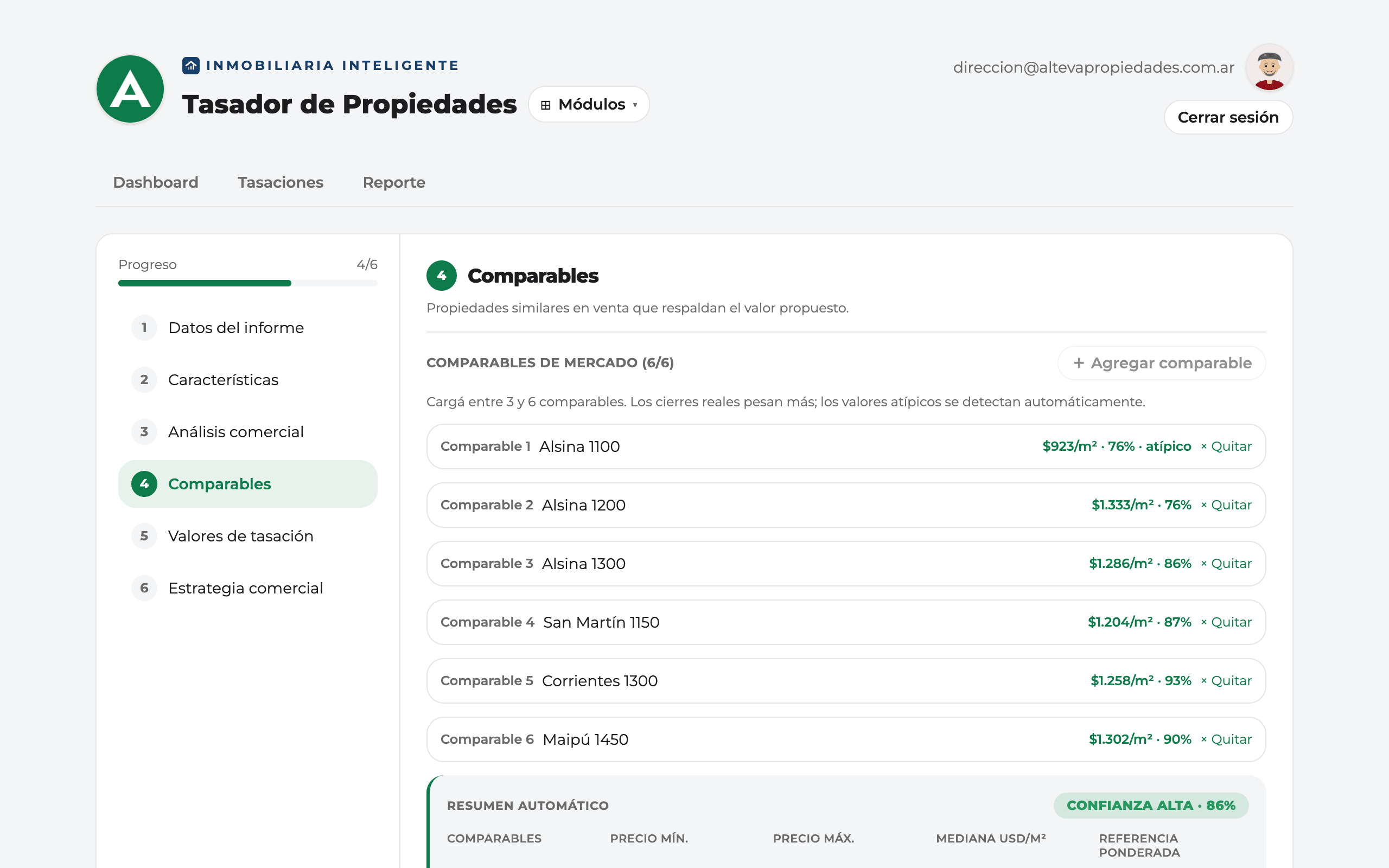 Paso de comparables del Tasador: seis propiedades similares con su precio por metro cuadrado y un resumen automático de confianza.